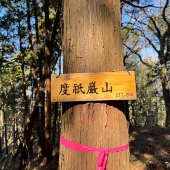 　度祗巌山（とびいわやま、鴨川市）
　二等三角点「和泉」277.8m、房総のやま110

　杉林の中にある、かつて木地師のいた山である。
木地師（きじし）：轆轤（ろくろ）を回して椀や盆を作る木工職人。
　山名板はステンレスワイヤーで補強し、クリアラッカーを吹き付けた。