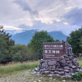 夜叉神峠まで戻ってくる
結局、意外にも天候の崩れはなく、ずぶ濡れ覚悟も杞憂に済んだ
ただ、晴天が最後まで続いたわけではなく、ココでの白峰三山のお見送りはナシ

雪の無い時期に来たのは初めてだけど、夜叉神山入する度にウンザリするのが苺平～杖立峠～夜叉神峠の単調な帰り道の長さ
芝沢ゲート～便ガ島くらい長く感じる