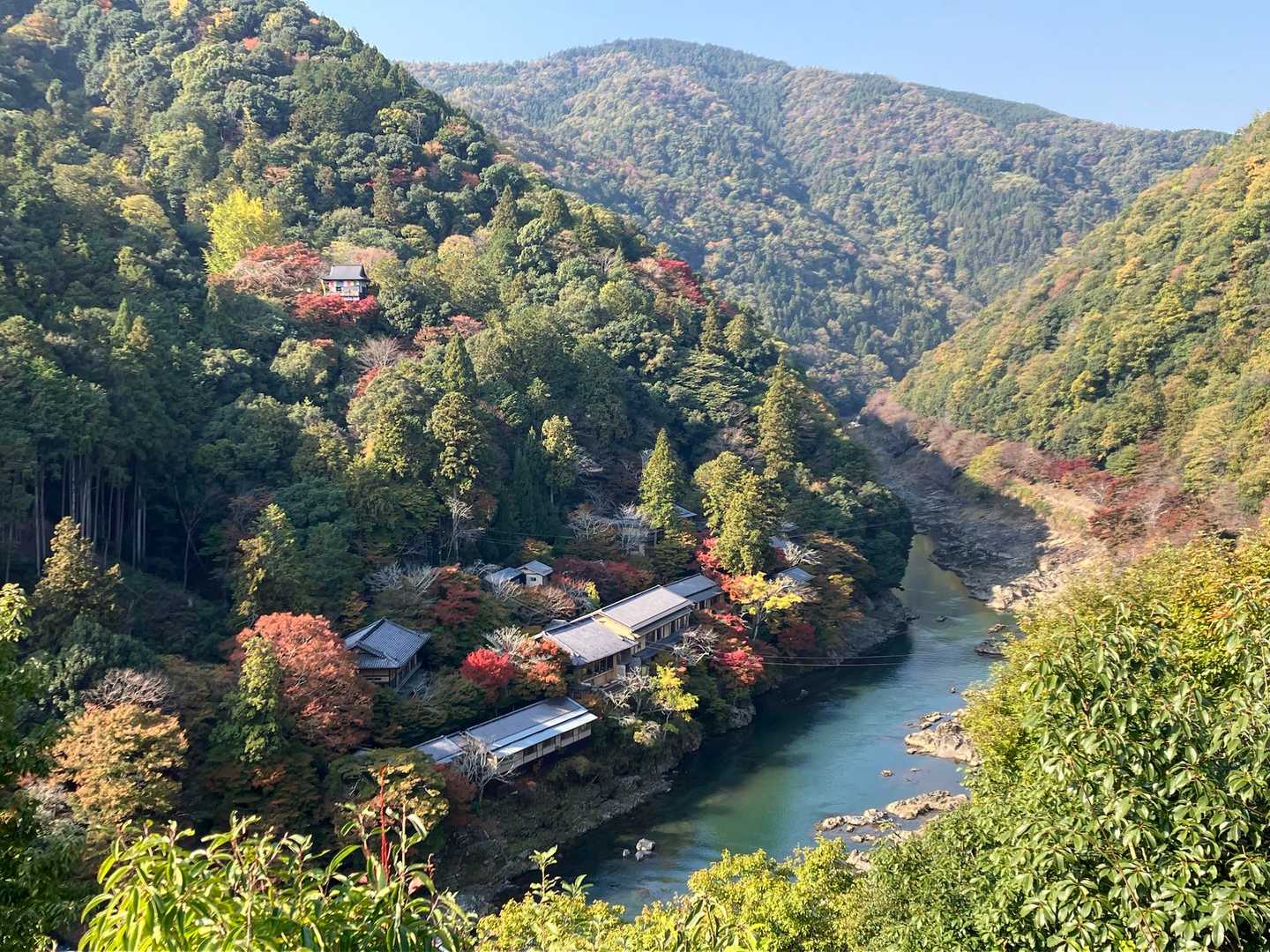 第三展望台から　眼下にH高級ホテル
ここも🍁が進んでいません！
猛暑の夏が続いて冷込みが遅いと👎
今年の京都の🍁はザンネ〜ン
これからは秋が短くなるばかりかな？