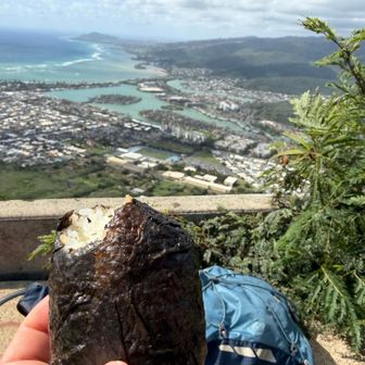 自分で握った握り飯で一休み
