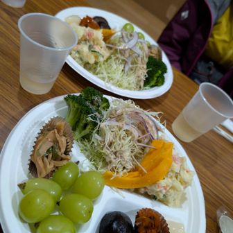 5時半からの夕食、前菜サラダにシャインマスカットがたっぷり、メインはカレー、美味しかった