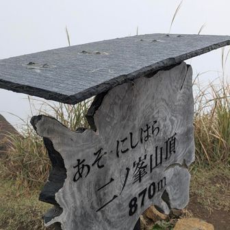 二ノ峰山頂に到着
一ノ峰にいたときは、二ノ峰方面は晴れていたのに、到着すると、濃いガスで何も見えない