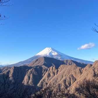 手前のゴツゴツした尾根が先ほど通過した蓬莱山〜鋸岳〜位牌岳ルート
