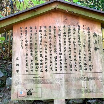 高山寺は京都市右京区栂尾（とがのお）にある古刹。創建は奈良時代に遡るともいわれ、その後、神護寺の別院であったのが、建永元年（1206）明恵上人が後鳥羽上皇よりその寺域を賜り、名を高山寺として再興したそうです。

「鳥獣人物戯画、日本最古の茶園として知られるが、デュークエイセスの唄「女ひとり」にも歌詞の中に登場しています。」とのこと😅?