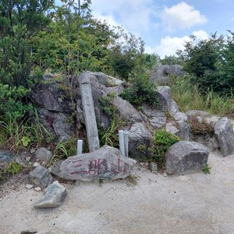 三郡山頂。霞んでいて展望は恵まれない。今日は沢山のトンボが飛んでいる。秋には真っ赤な姿になって里に降りてきてね。