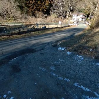 登山口、この先舗装道路。
右側川沿いの道をバス通りまで道なりに進む。
周囲に案内表示等なし。