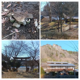 山道の少し変わった滑り止階段！ビックリ朝早く登る女性が設置するらしい！
表登山道の大鳥居裏側の写真と(そば処)更に道の駅霊山たけやまです