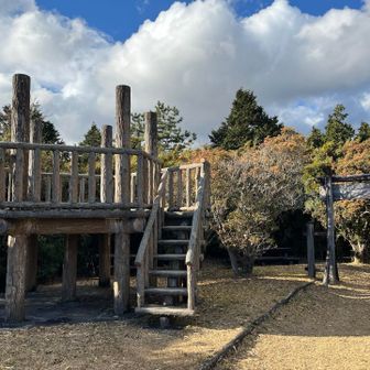 だいぶ降りると青空が。
急にアスレチックみたいな公園に