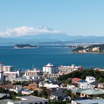 逗子マリーナの向こうに江の島と富士山