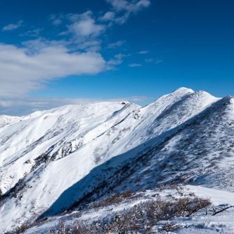上越国境稜線🤩
巻機山〜大烏帽子

中央に平らな朝日岳が見える。黒い岩がポイントね。

右下に避難小屋があるけど、半分埋まっていて、入るにはちょっと掘り返さないと無理でした。
