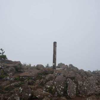 烏帽子岳山頂。だいぶん粘るがガスとれず断念し下山