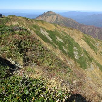 頂上避難小屋と越後駒ヶ岳。右は守門岳。遠くに弥彦と角田山も見える。