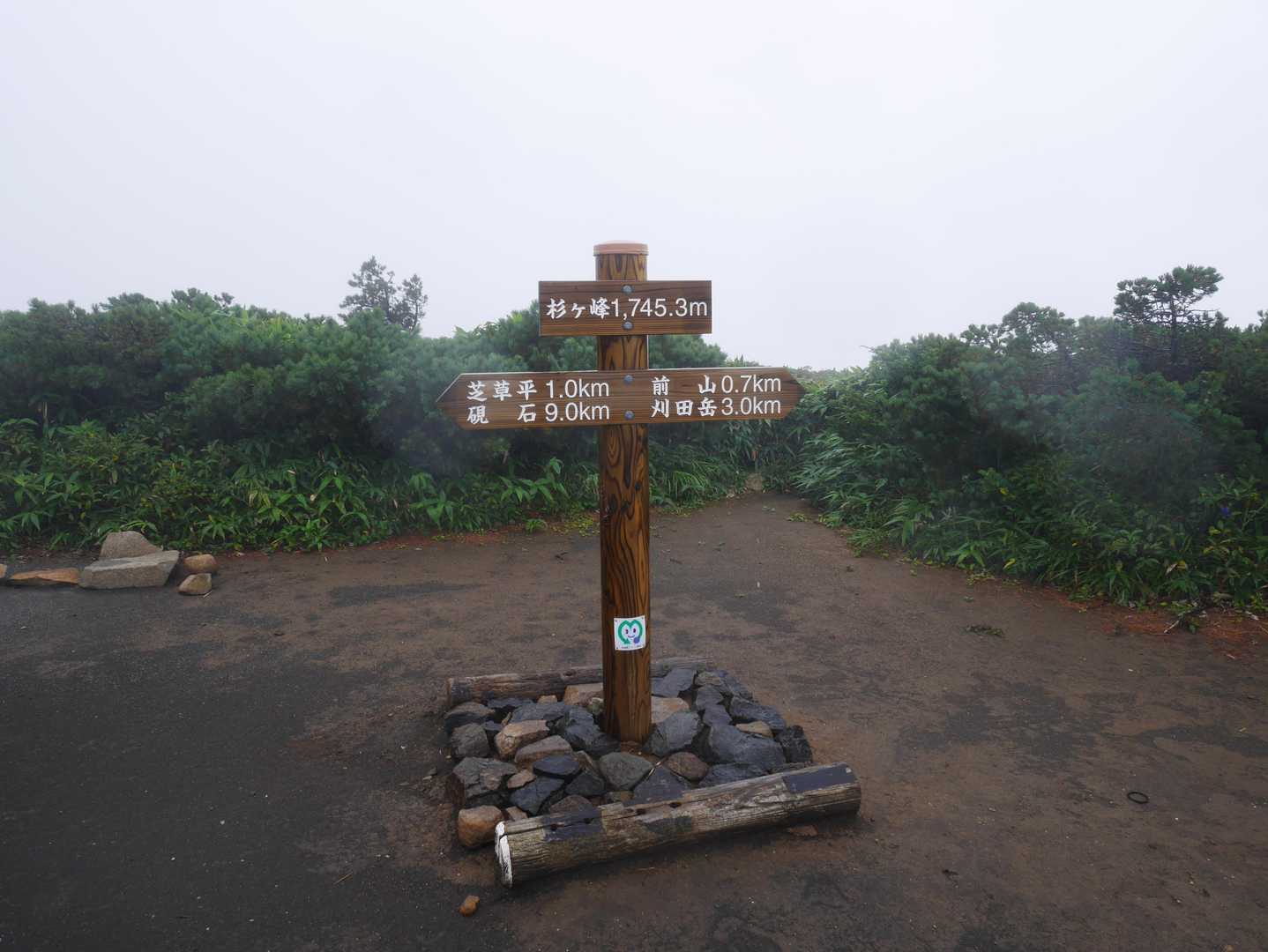 杉ヶ峰に到着！後ろはガスで真っ白
雨が降ってきたのでまたレインウェアを着る