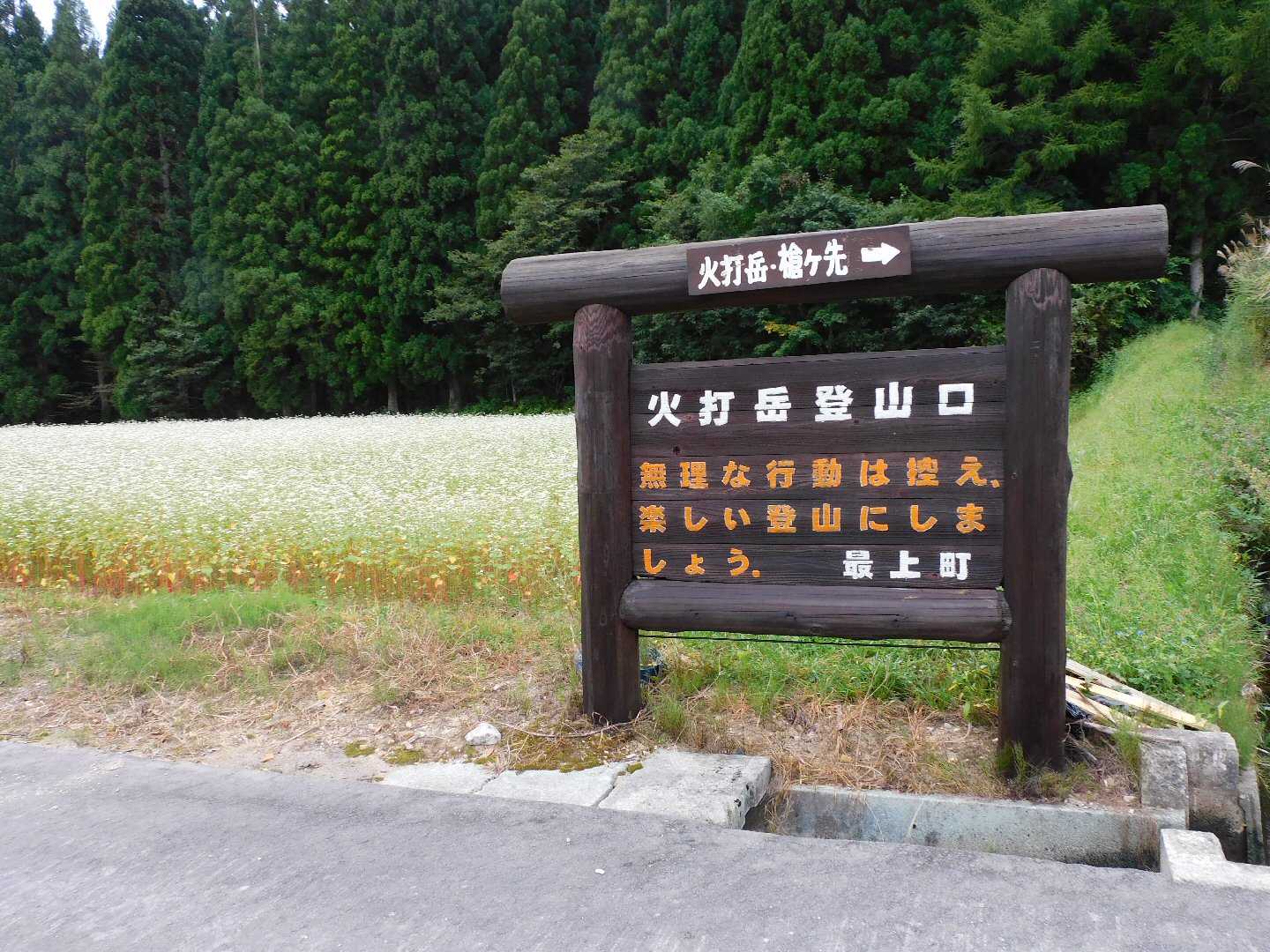 白いそばの花に見送られて登山開始。