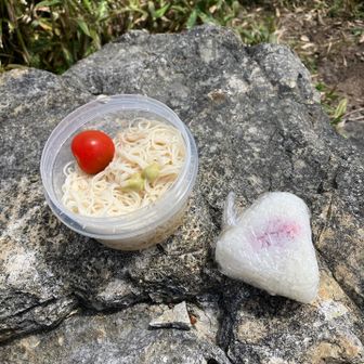 ここで昼休憩、今日は冷やし素麺とおにぎり🍙　色合いが白だけで地味😅