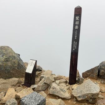 鷲羽岳山頂「
ゆっくり歩こう裏銀座
急な下りは浮石に注意してね
」と書いてある