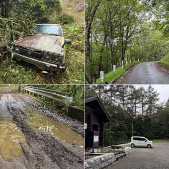 林道〜駐車場まで

① 山に置き去りになっている車を調べるのが癖になっています（笑）

右側:日産の「サニートラック」、通称サニトラ。
1989〜1994年頃の後期型。角目ライトとフェンダーミラーが特徴的な、今ではなかなか見られない懐かしの旧車

左側:日産の古いキャブオーバー型ワンボックスカー「サニーキャブ」。1969〜1978年頃の車で、青と白のツートンカラーが特徴的。後の「バネット」の先祖にあたる車


②アスファルトの道がこれほどホッとすることがあっただろうか😭

③ここ最近雨降りすぎですね💦

④無事に駐車場まで戻ってくることができました。


ゲリラ豪雨の藪漕ぎはなかなか手強かったですが、無事下山できてホッとしました😮‍💨
これも良い山行の思い出となりました。

最後まで、見てくださりありがとうございました。