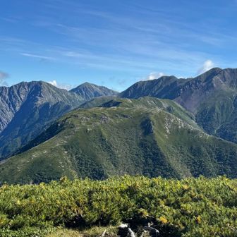 これから向かう稜線と右側に赤石岳⛰️
一番左側に荒川中岳⛰️
真ん中の尖ったお山が悪沢岳⛰️

少し近づいたぞ〜💪
まだ遠いけど😑