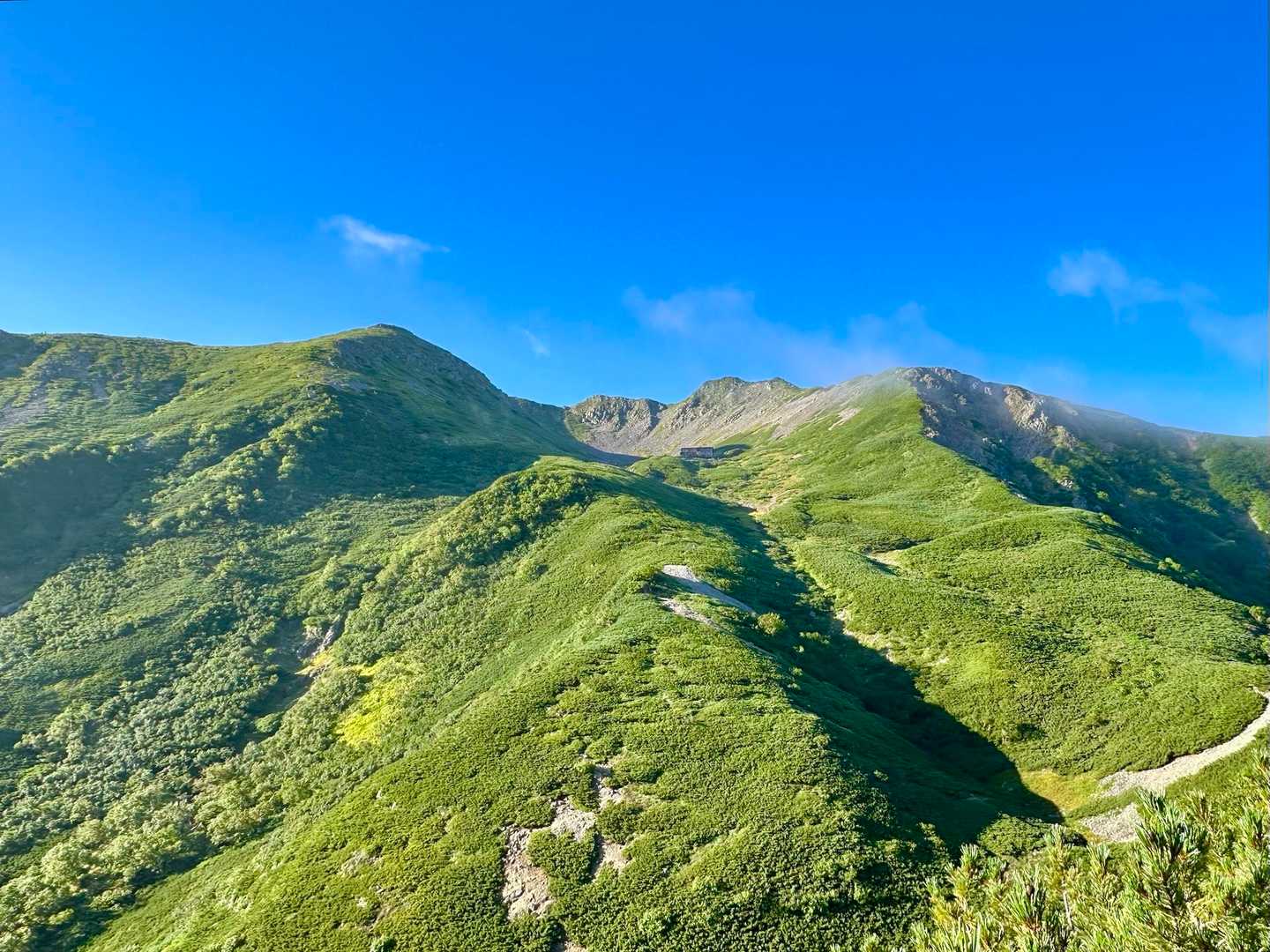 真ん中に仙丈ヶ岳⛰️と仙丈小屋🛖が見えます