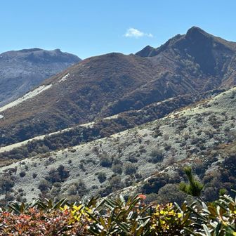 左が茶臼岳、右が那須朝日岳。栃木県側です。
赤面山頂からのこの景色が見たくて登っています。白っぽく見えるのは、ススキなのかな❓
今年の２月16日にも、スノーシューで登りました。登る途中で妻が携帯を落としたことにザレ場のあたりで気づき、携帯を探して下山してしまいました。
雪の那須連峰を見渡したいです。