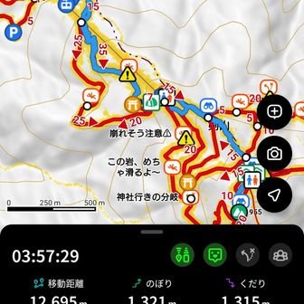 60kmも歩いた事はない、コチラが本日の登山のみのデータです。
累積1300m、ユルユルです😅