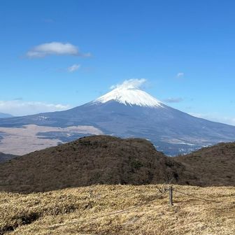本宮神社から駒ヶ岳ロープウェイへの途中から富士山🗻を眺めますが、風に飛ばされながらどうにか写真を撮りました