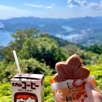 道の駅で買った名産品の大内山のコーヒー牛乳と、母からの旅行土産のもみじ饅頭で休憩。