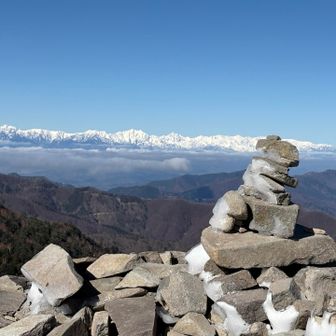 10分くらいで牛伏山の山頂！
ケルンも風で凍っております
風、強よっ