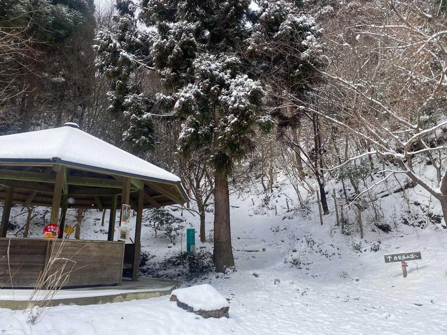 登山口。
東屋でダウンを脱いでいざ