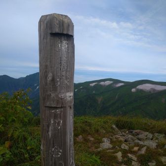 草履塚到着。奥の山の斑に見えるのは残雪。