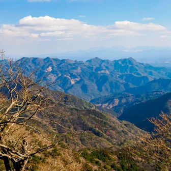 中岳山頂広場から見る中摩殿畑山や山国の山々。遠くに由布鶴見山群。