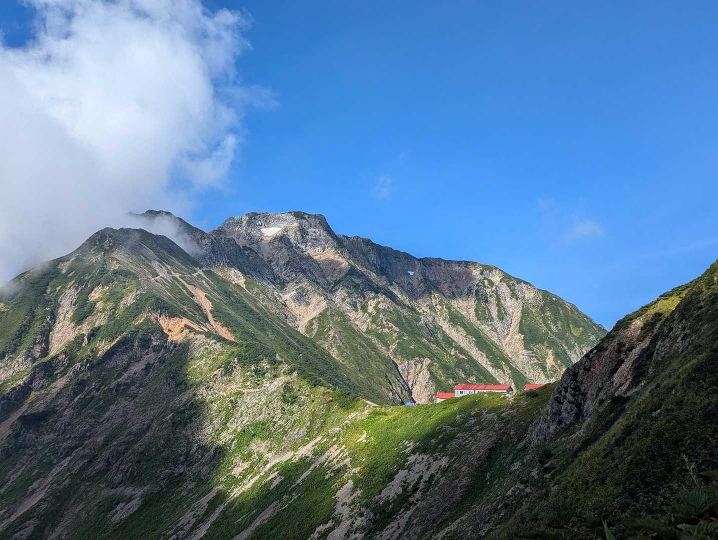 五竜岳ともここでお別れ。赤い屋根は五竜山荘。