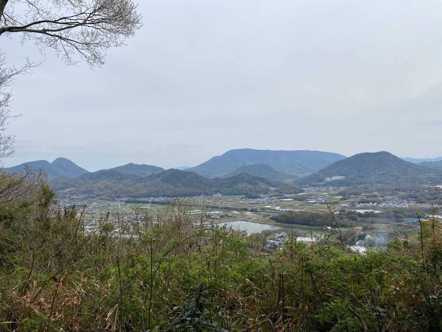 山頂からの眺望です。
中央奥が大麻山、左が五岳山(火上山と我拝師山かな？)、右が傾山です。大麻山の手前に朝日山が見えますが、山頂のサクラ🌸がかすかに確認できます。

「ここに見えてるピークは全部取ったなぁ〜」と一人で自己満に浸ってました😁