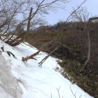 ロープウェイ山上公園駅近くまで来て、手ごわそうな雪が出てきました。横に巻いて草付を行きます。