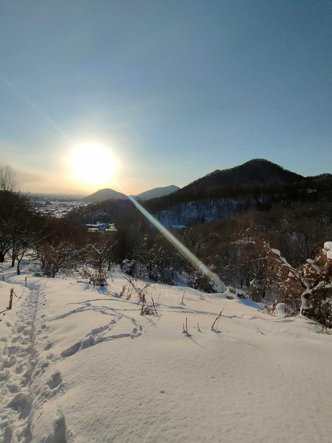 でっかい太陽と三角山、円山、藻岩山が見えます