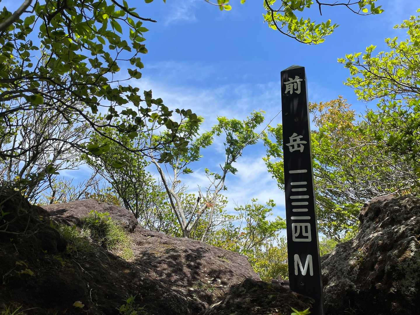 青空をバックに山頂標識