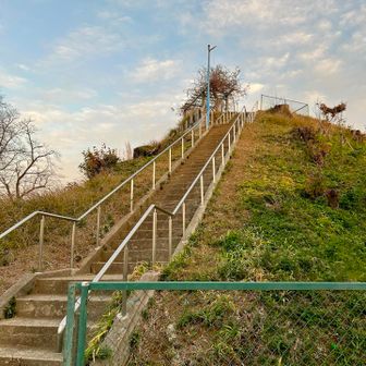 ちょっと歩いて大土手山。
70段くらだけどこれも山！
あれ？もう日が暮れたと思っていたのに上の方に日が当たってる？