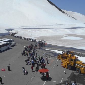 ホテル立山のベランダから...
”雪の大谷”へ向かう観光客の行列❗．

🔹昼食は立山ホテルで、鰻丼🍱．