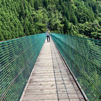 杣（そま）の大吊橋
対岸には用はないのですが、
とりあえず歩いてみて引き返しているところ😆