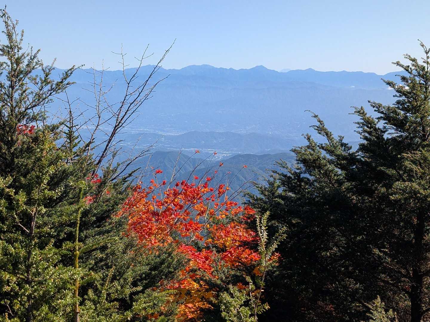 避難小屋裏の岩場からの南アルプス。
聖岳と上河内岳の間に
富士山が見えています。