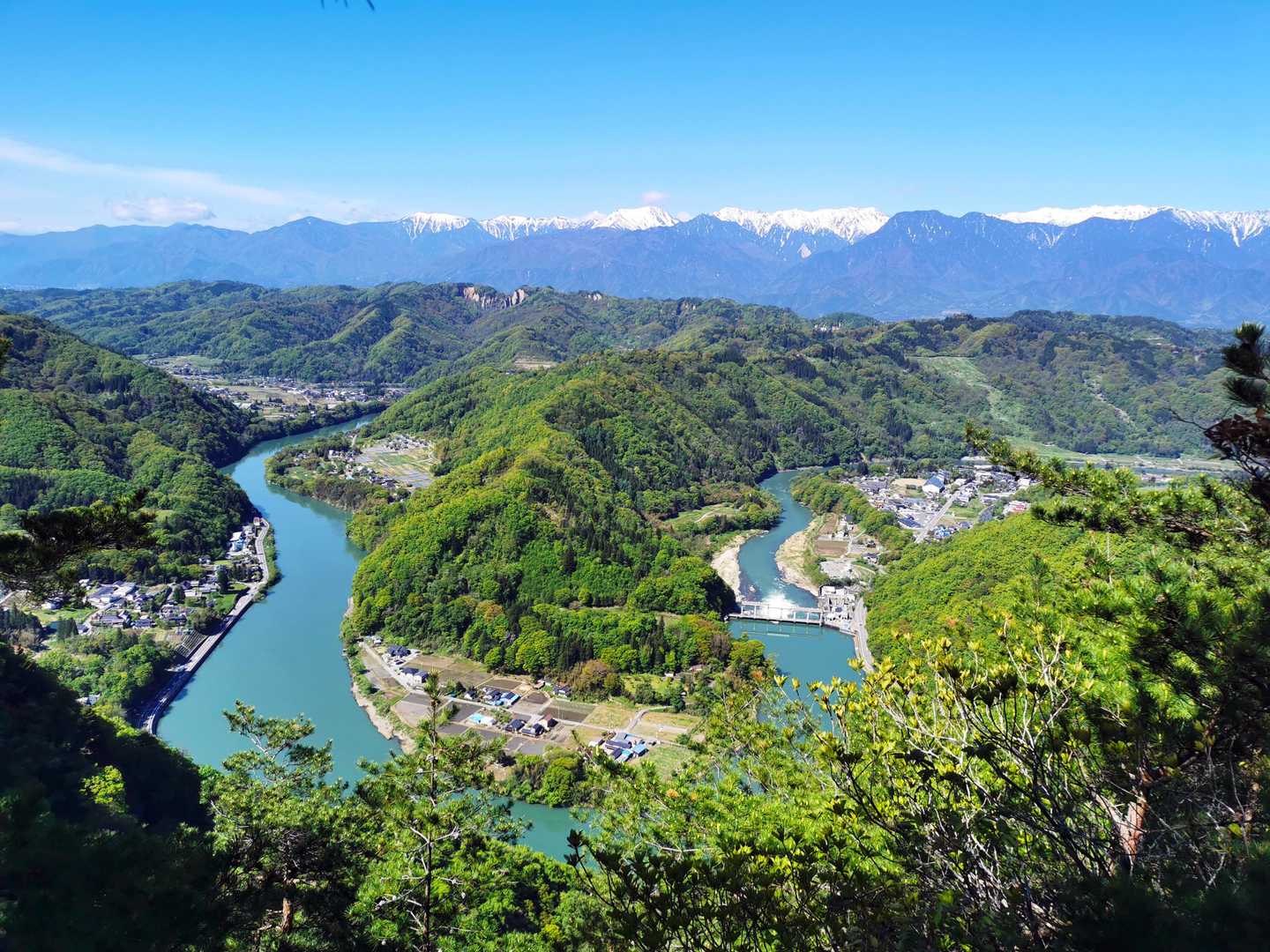 登山口から少し登ると碧色の犀川が見えてくる。おおこば見晴らし台まで登った。自撮りした写真をSNSに載せるとタオルがもらえるというので、至る所で自撮りしました