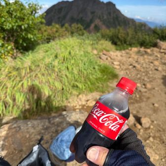 保冷剤と一緒に入れて背負ってきたミニコーラで乾杯！
さっき赤岳で飲んだばっかだけども、美味い！