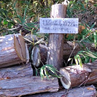 雄山頂上。頂上の看板が切株に付けてあります（以前はもっと高い位置に看板がありました）。
