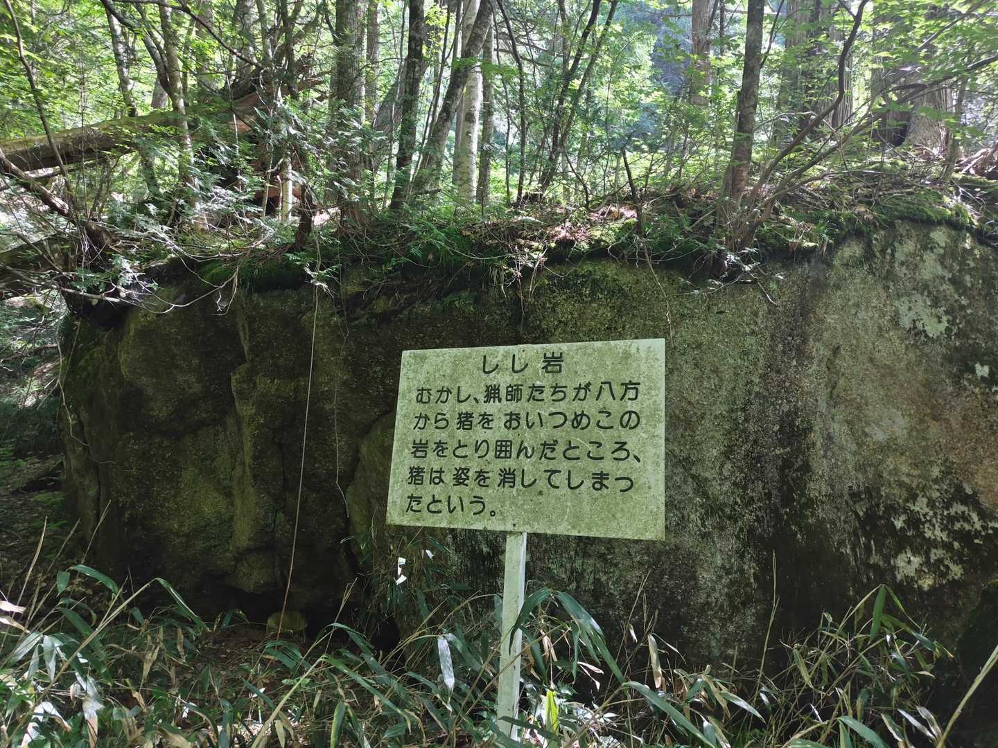 しし岩
昔、猟師たちが八方からイノシシを追い詰め、岩を取り囲んだところ、イノシシは姿を消してしまったという…。
イノシシに逃げられただけの話をわざわざ看板にしちゃうんだ～と妙に感心😅