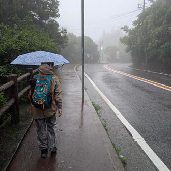 水浸しのアゴニー坂は避け、舗装路を歩いて縦走路へ
二人とも濡れたレインウェアなので、できれば歩いて家まで帰りたい