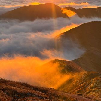 雲海に光がさして神々しい。
