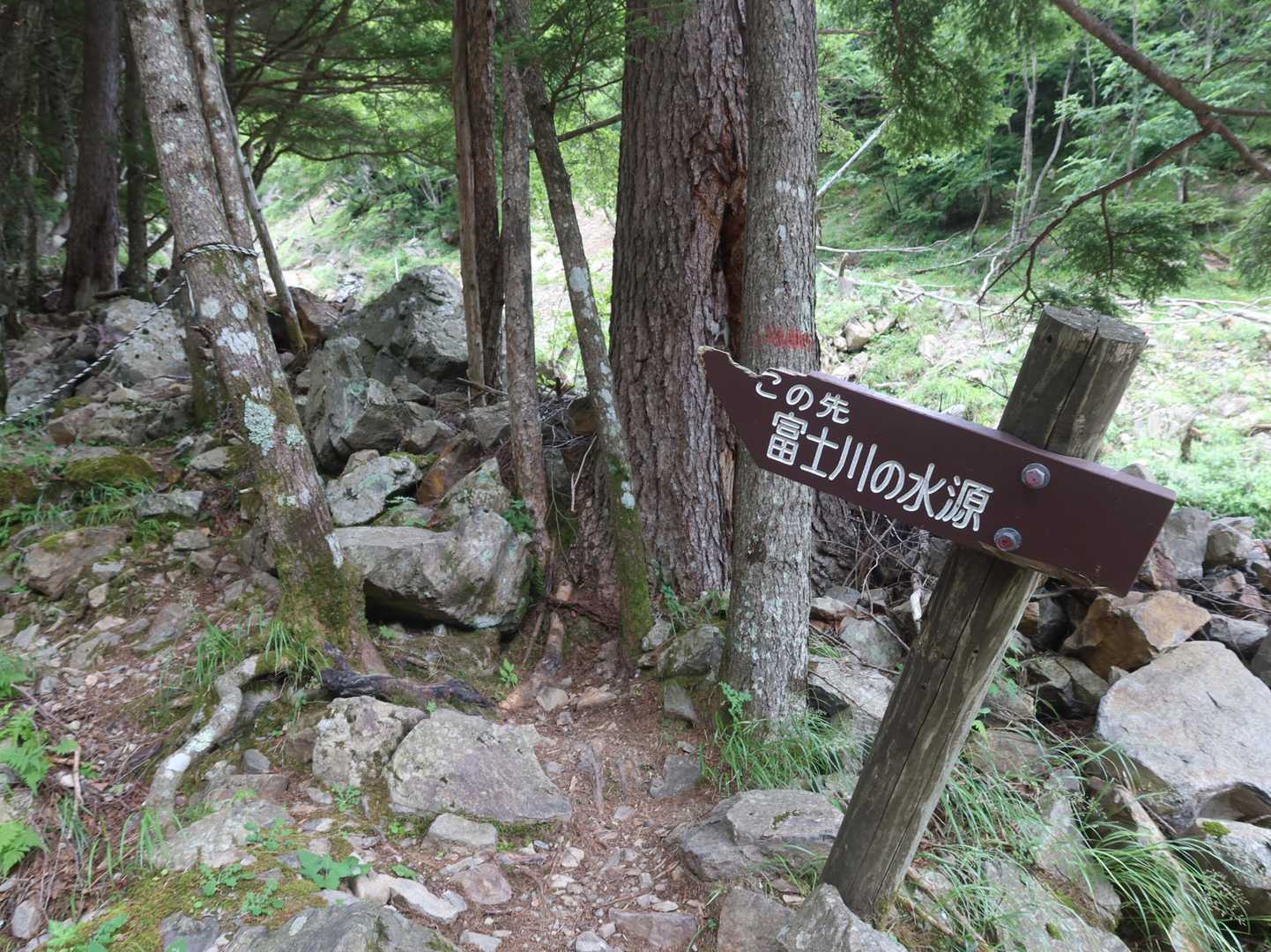 富士川の水源の案内　水場💧はこの先50ｍほど進んだところにあります
今は水は十分あるので帰りに寄ろう