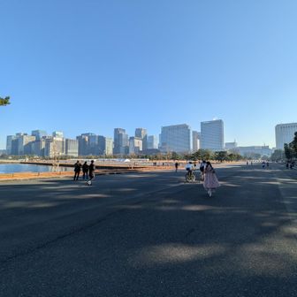 広く開放的。皇居前広場と東京駅丸の内口前のビル群