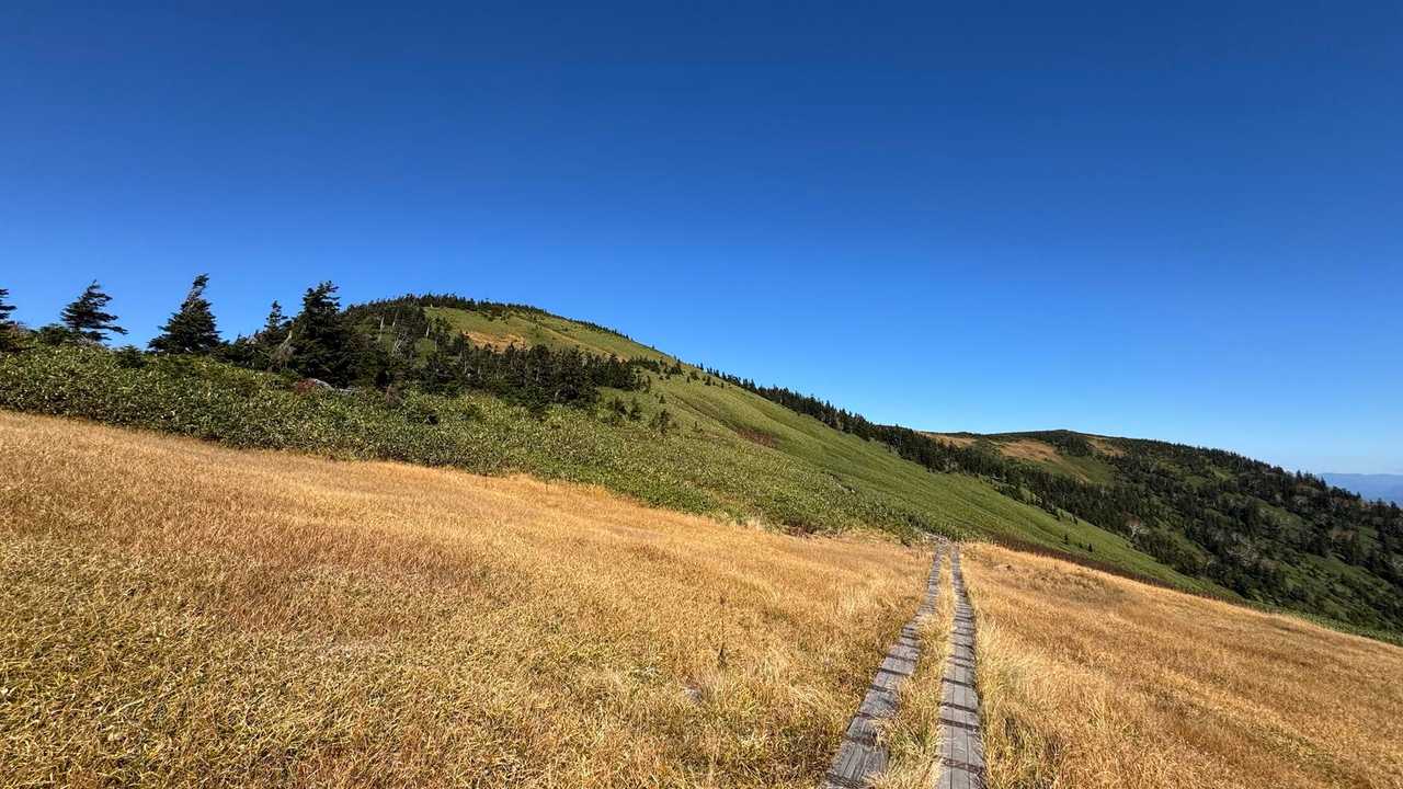 会津駒ヶ岳・中門岳、草紅葉広がる稜線へ の写真 7