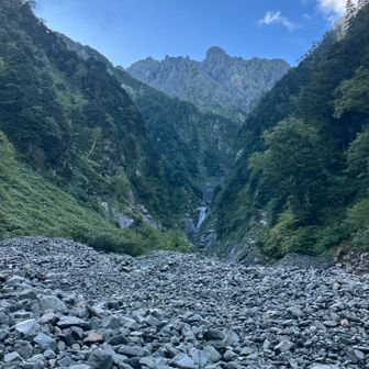 正面に雄滝、奥には滝谷ドームと北穂高の大岩壁